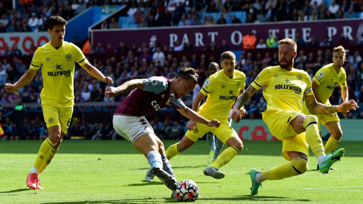 Aston Villa's Matty Cash shoots at goal during the match against Brentford.— Reuters
