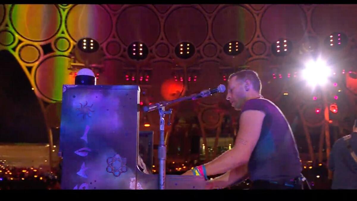 Lead singer and pianist Chris Martin of Coldplay performs at Expo 2020 Dubai.
