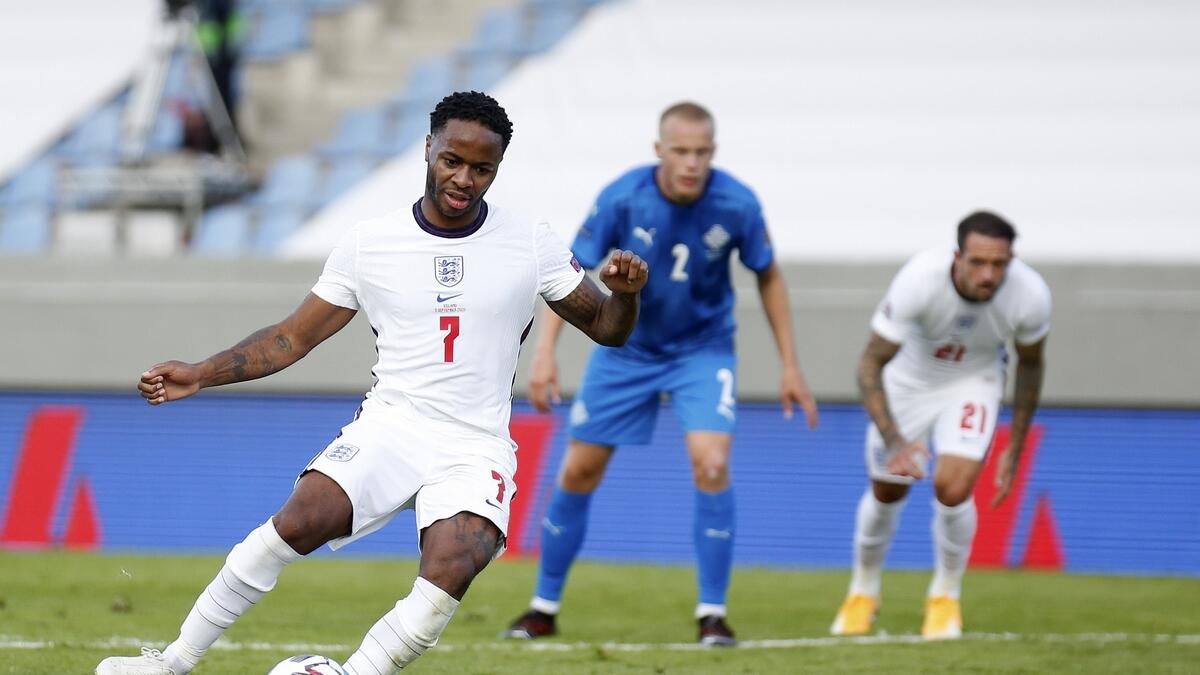 England's Raheem Sterling scores a goal from the penalty spot during the Uefa Nations League match against Iceland