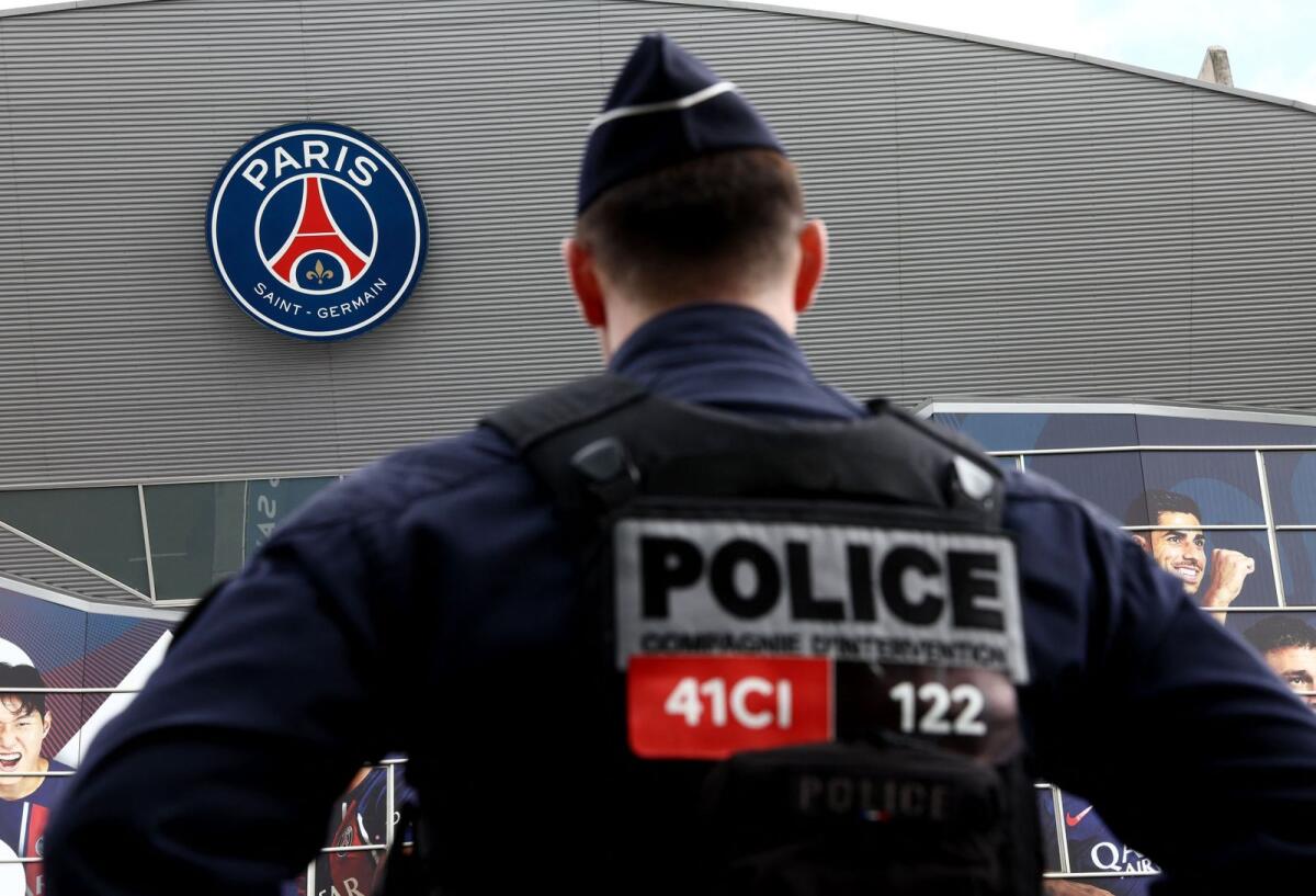 French police patrol outside the Parc des Princes stadium in Paris ahead of the Champions League quarterfinal between PSG and Barcelona. —Reuters