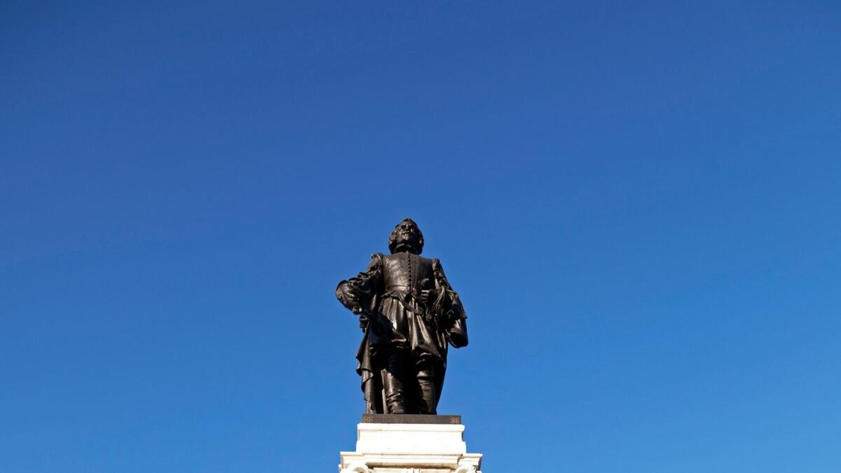 Statue of Samuel de Champlain, the founder of the city in 1608, next to the Funicular Station on Dufferin Terrace in Quebec City, Canada