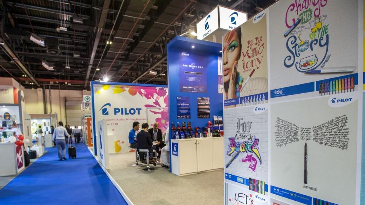Different stalls like Pilot  at the PaperWorld Show at Dubai World Trade Centre, Dubai.