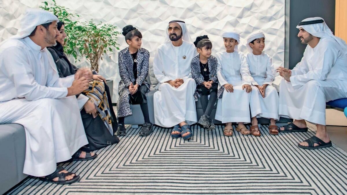 Sheikh Mohammed and Sheikh Hamdan bin Mohammed bin Rashid Al Maktoum, Crown Prince of Dubai and Chairman of the Dubai Executive Council, with the Wahed family on Sunday.  — Wam
