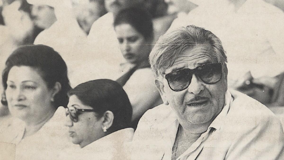 Bollywood legend Raj Kapoor (right), his wife Krishnna  (left) and legendary singer Lata Mangeshkar at the Sharjah Cricket Stadium. KT file photo