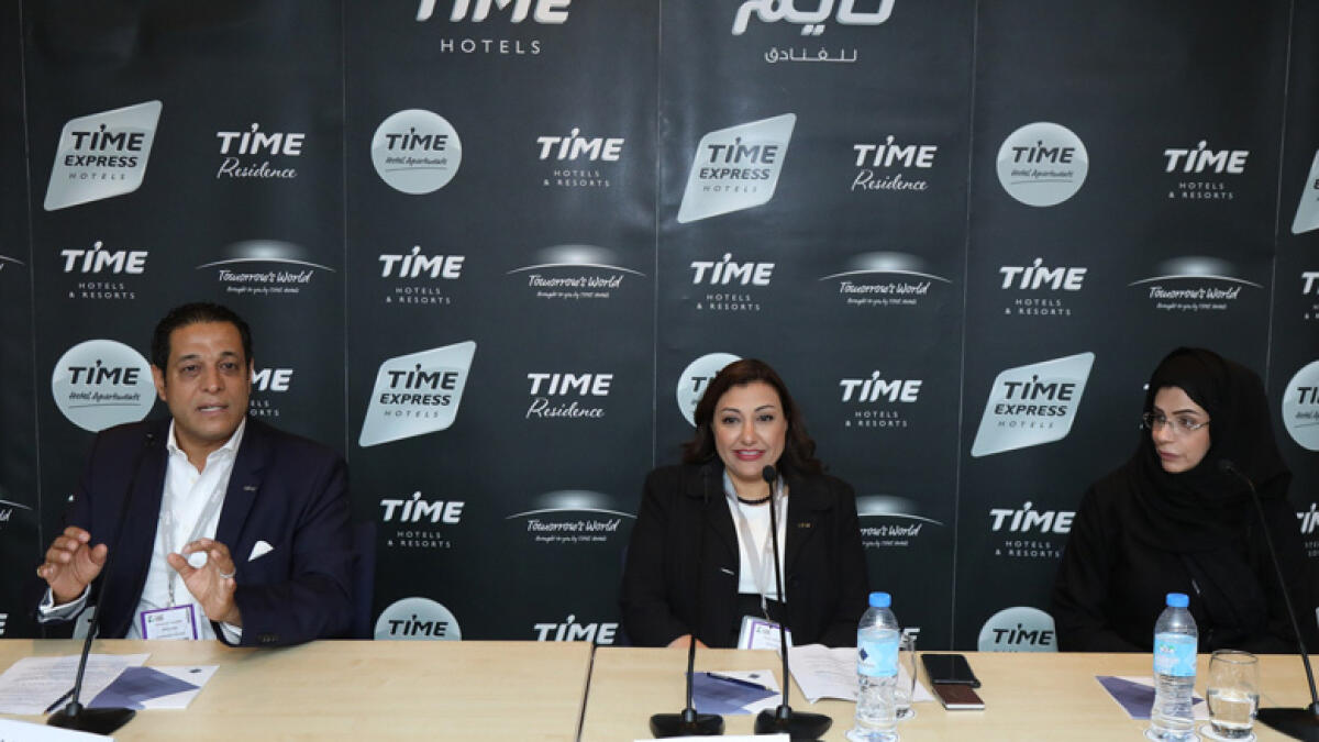 (from left) Mohamed Awadalla, CEO of Time Hotels, Ghada Mahjoub, GM Time Asma Hotel, and Dr Sheikha Noori Jaber, Vice President of Time Asma Hotels