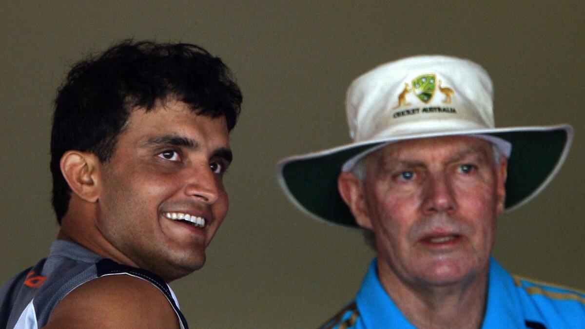 Sourav Ganguly with Australian assistant coach and former Indian team coach, Greg Chappell, during the 2008 India-Australia Test series in Bangalore. (AFP file)