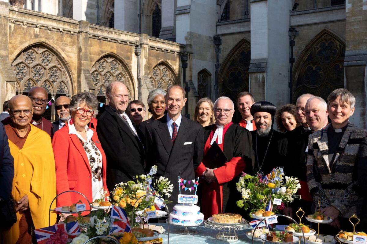 Britain's Prince Philip, Duke of Edinburgh, Dean of Westminster David Hoyle,  Archbishop of Canterbury Justin Welby, Prue Leith and Tim Smit, alongside faith leaders, attend a Coronation Big Lunch, ahead of Britain's King Charles' coronation, at Westminster Abbey, in London, Britain, on Tuesday. — Reuters