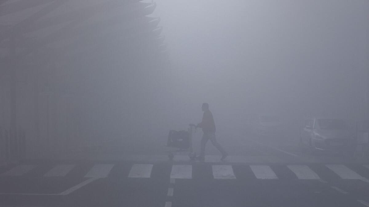 A man walks with his luggage cart amidst heavy fog at the Indira Gandhi International Airport in New Delhi, India. Photo: Reuters