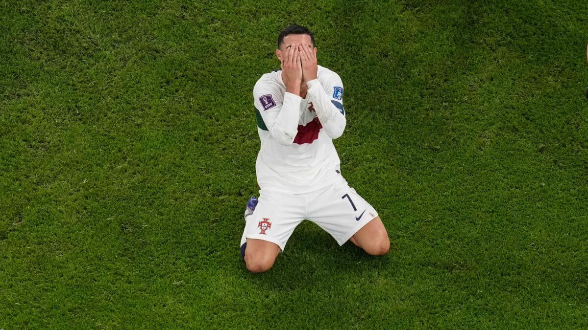 Cristiano Ronaldo reacts after he failed to score during the World Cup quarter-final match between Morocco and Portugal. — AP