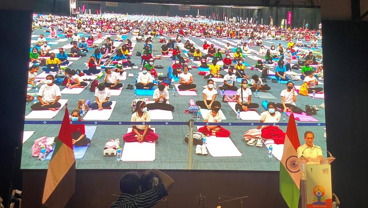Indian Ambassador during the Yoga Day event in Dubai