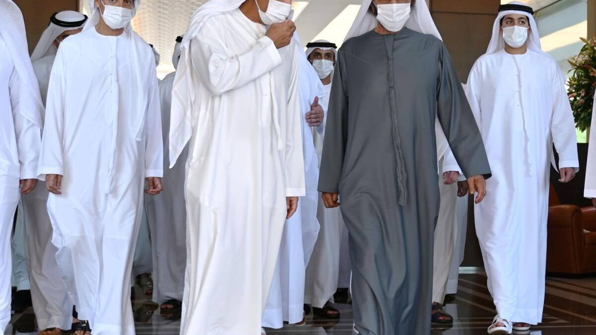 Sheikh Mohammed and Sheikh Maktoum visit the Al Futtaim family to offer condolences on the death of Majid Al Futtaim. — Wam