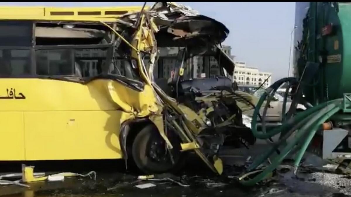bus accident, dubai, bus accident, severe accident, traffic jam, tanker, business bay, rebat, dubai police
