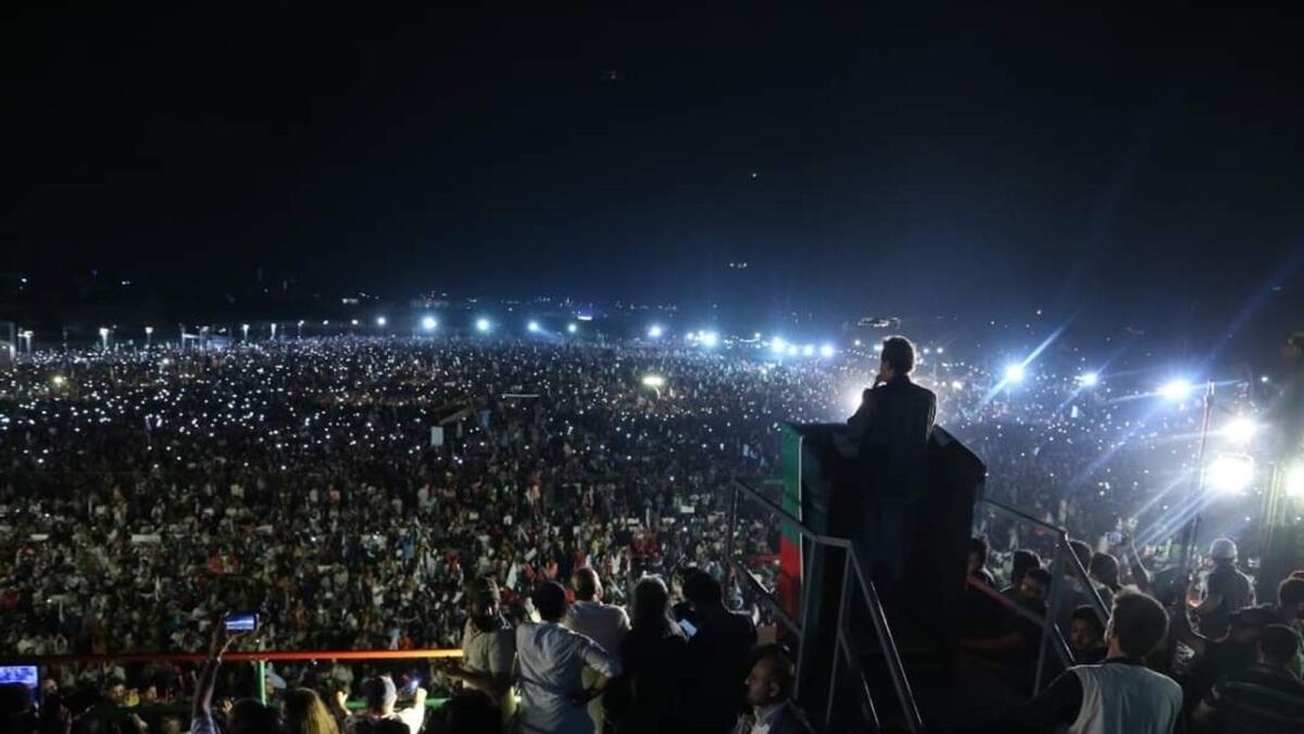 Imran Khan addressing a rally in Karachi. — Courtesy: Twitter