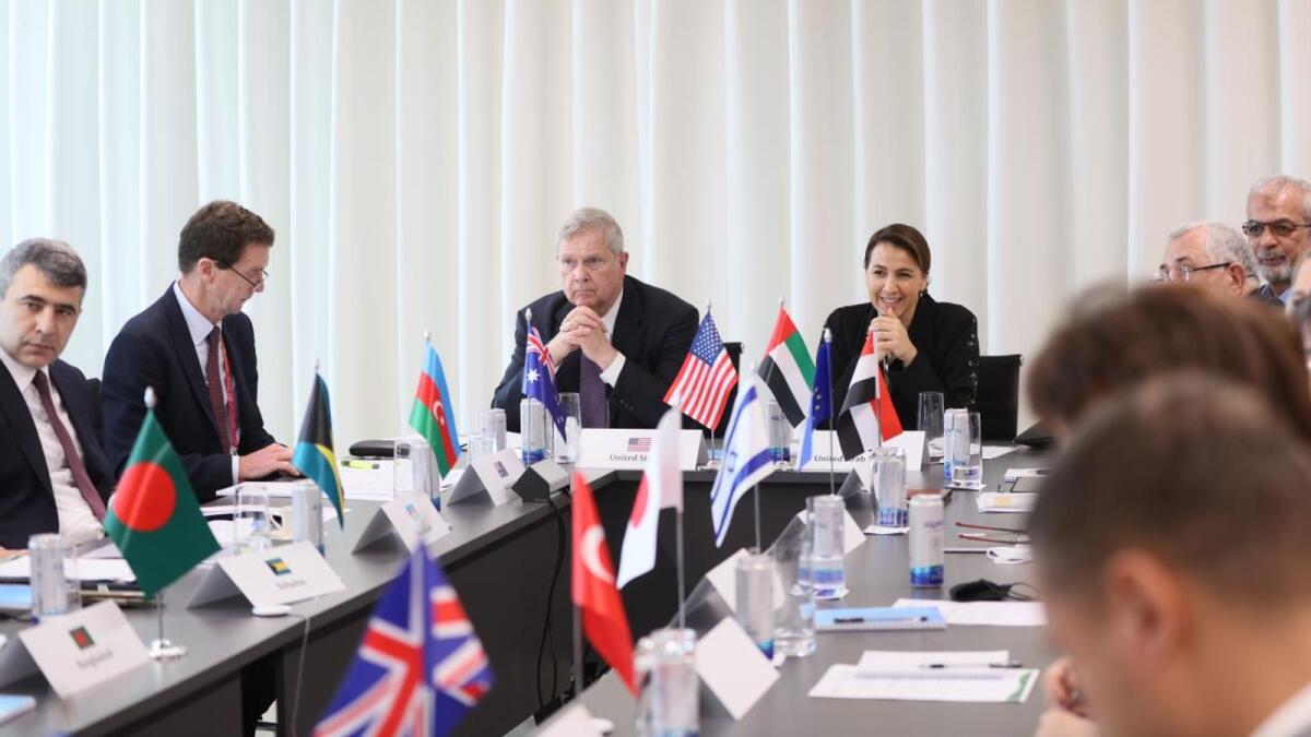 Mariam bint Mohammed Almheiri and US Agriculture Secretary Tom Vilsack at AIM for Climate’s first Ministerial Meeting, held at Expo 2020 Dubai,— Supplied photo