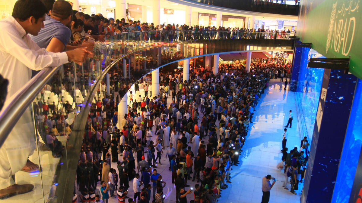 People gather to watch the various species of fishes at the aquarium at The Dubai Mall.