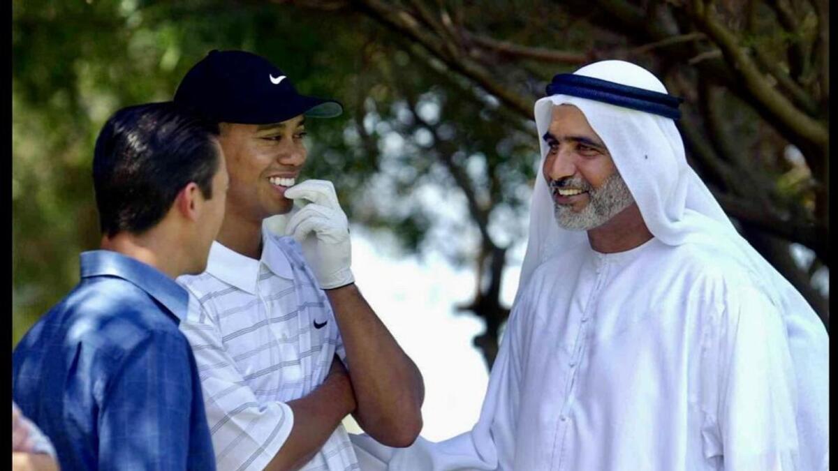 Tiger Woods with former UAE golfer Ismail Sharif (right) and legendary Italian jockey Frankie Dettori. (Supplied photo)