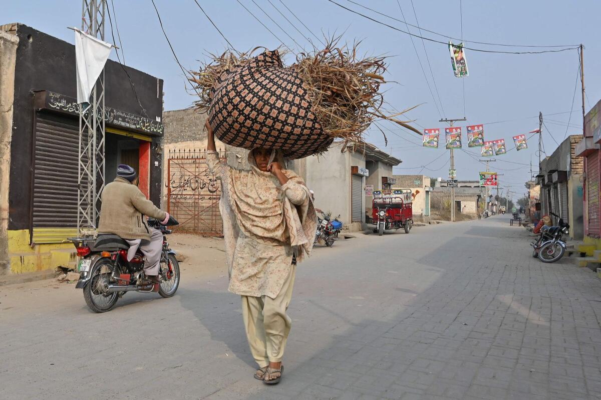 A woman carrying dried leaves over her head walks along a street in Dhurnal of Punjab province, ahead of the upcoming general elections. — AFP