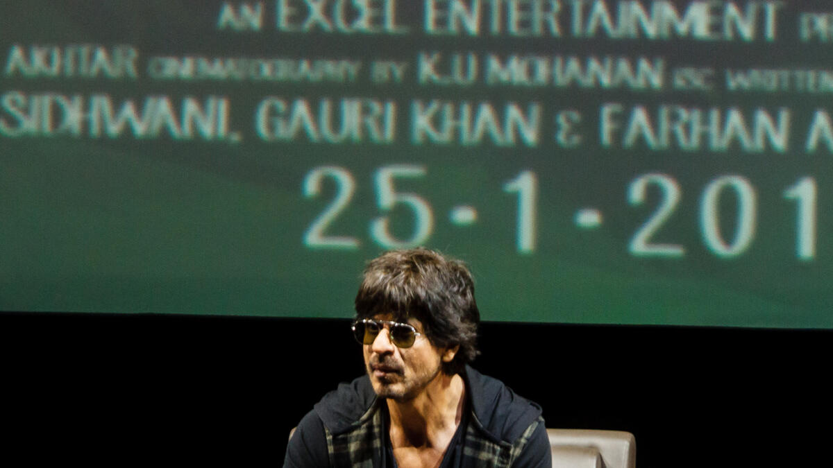 Actor Shah Rukh Khan speaks at a press conference at Bollywood Parks in Dubai. Photo by Neeraj Murali.