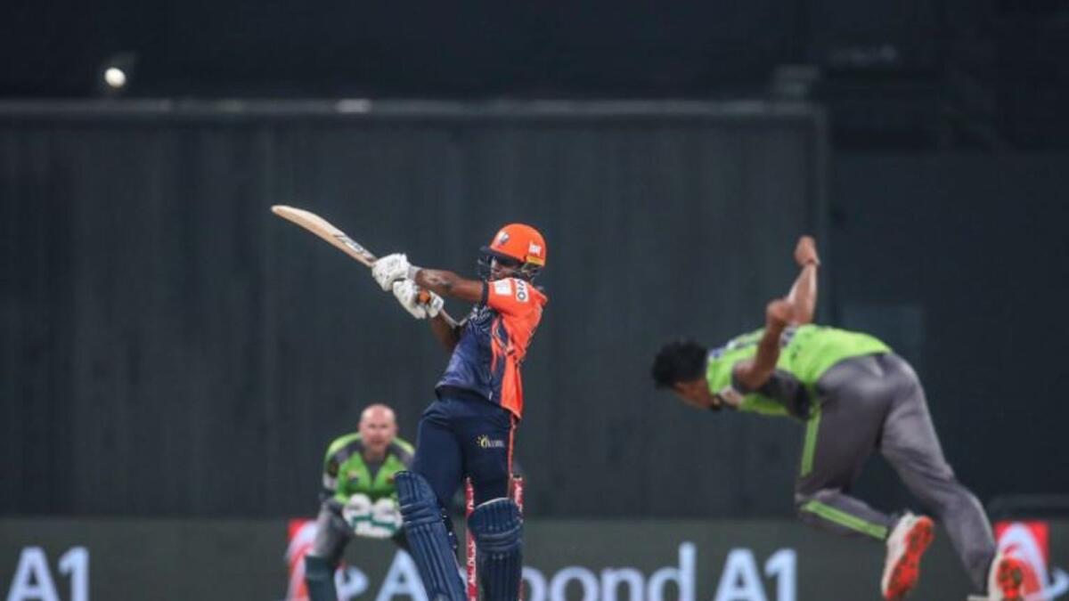 Evin Lewis plays a shot during the match on Thursday. (T10 League Twitter)