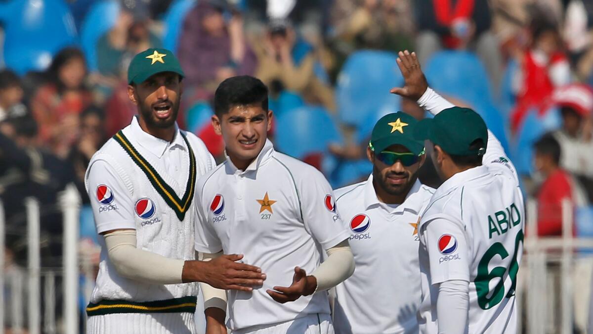 Pakistan pacer Naseem Shah (centre) during a Test match against  Bangladesh. (AP file)