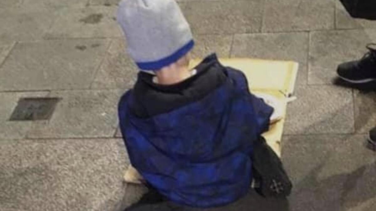 image, boy, homeless, 5-year-old, dinner, cardboard, eating off cardboard