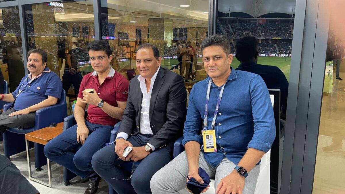 Mohammad Azharuddin (centre) with BCCI president Sourav Ganguly and legendary spinner Anil Kumble during the T20 World Cup final in Dubai. (Twitter)