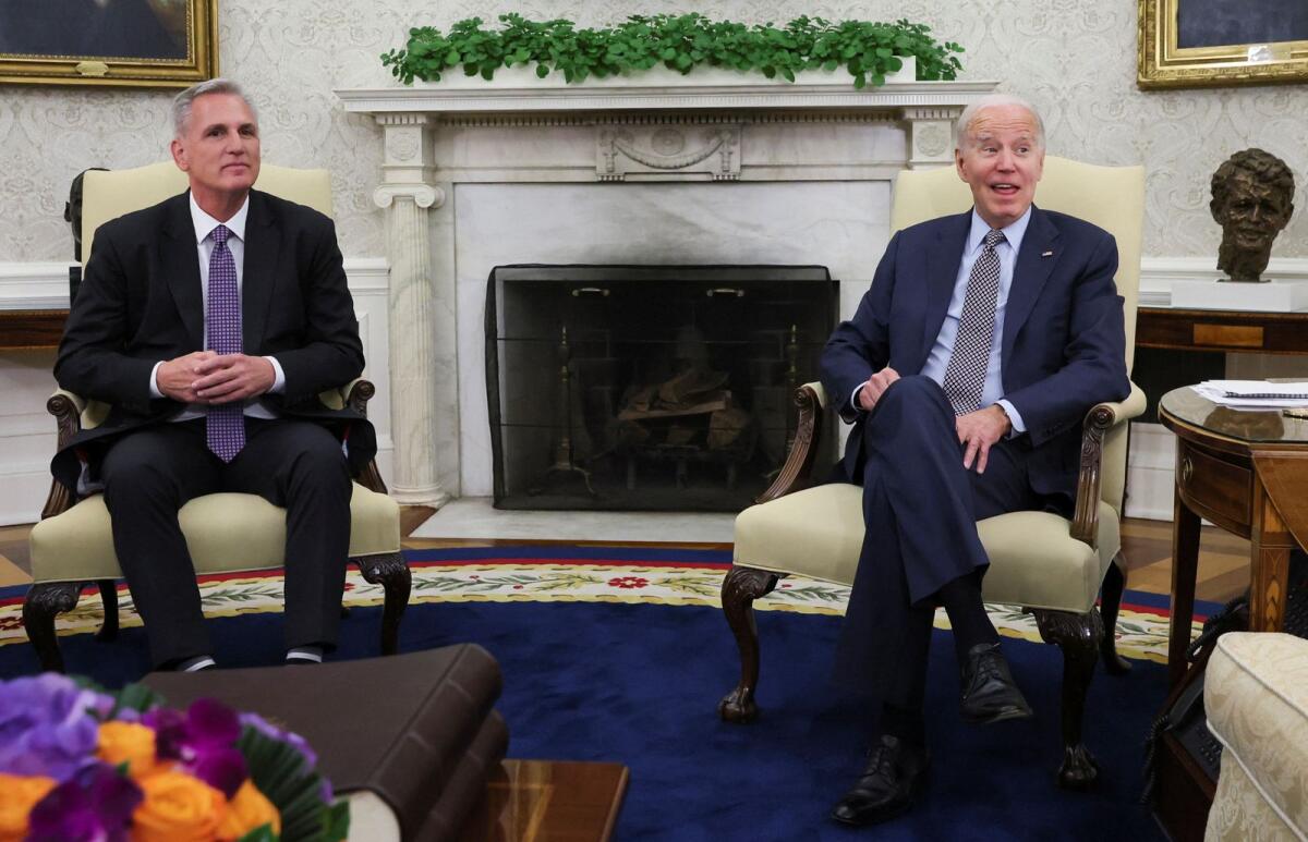 US President Joe Biden hosts debt limit talks with House Speaker Kevin McCarthy (R-CA) in the Oval Office at the White House in Washington. Photo: Reuters
