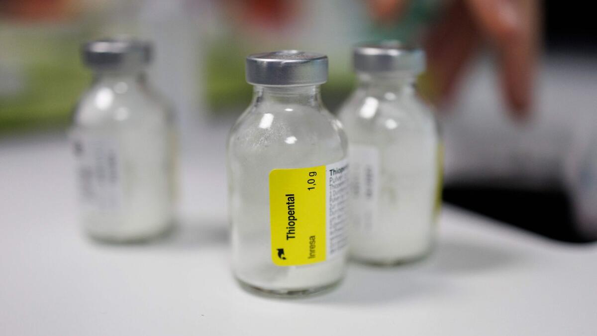 Vials of Thiopental, a barbiturate that is used in the practice of euthanasia, are seen in a hospital in Belgium. — AFP file