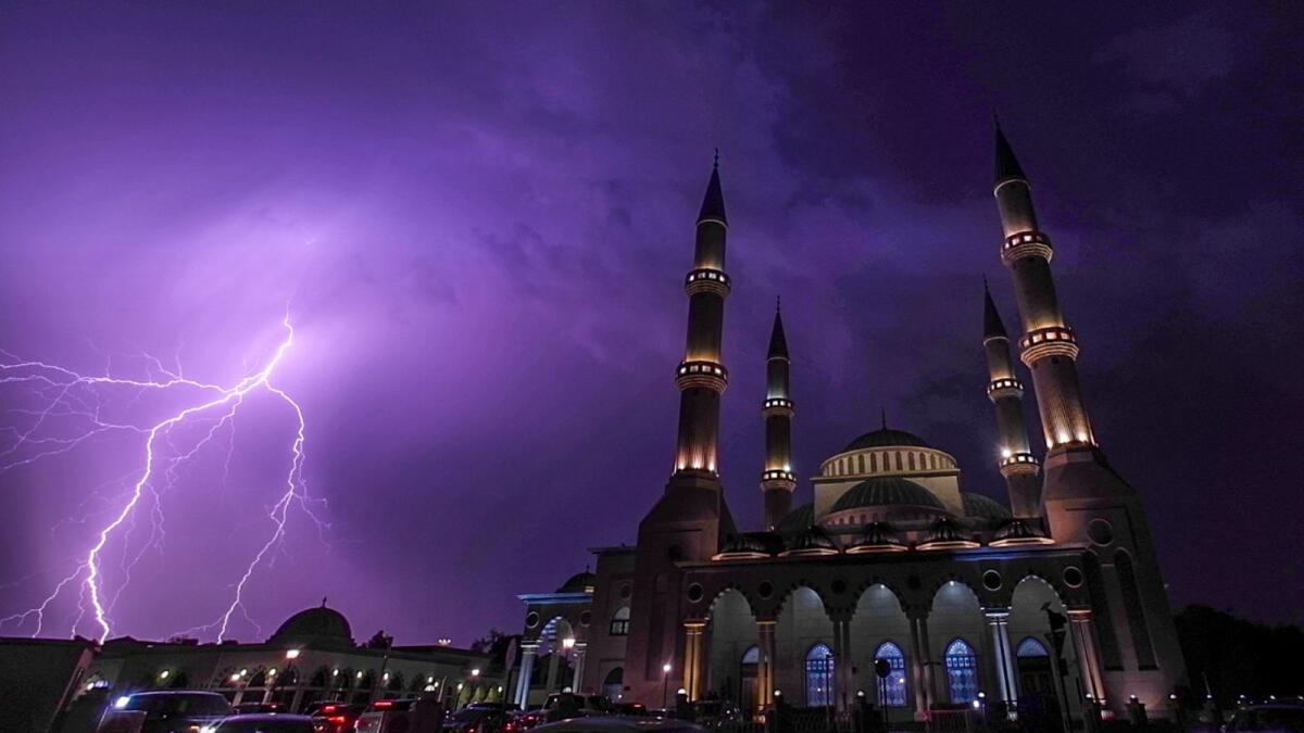 Lightning strikes near Al Farooq Omar bin Al Khattab mosque in Dubai. Photo by Shihab