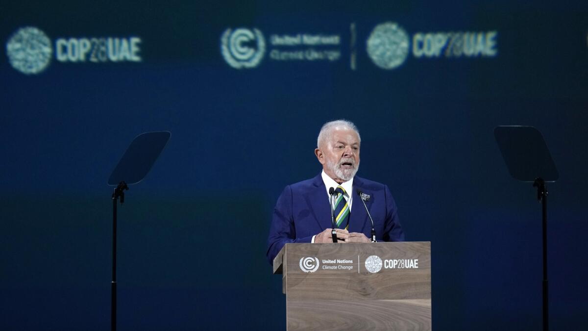 Brazil President Luiz Inacio Lula da Silva speaks at COP28. - AP