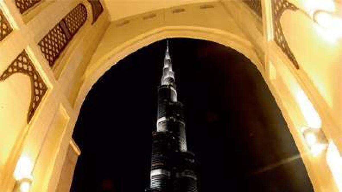 Grandeur: The well-lit Burj Khalifa stands tall in all its glory.