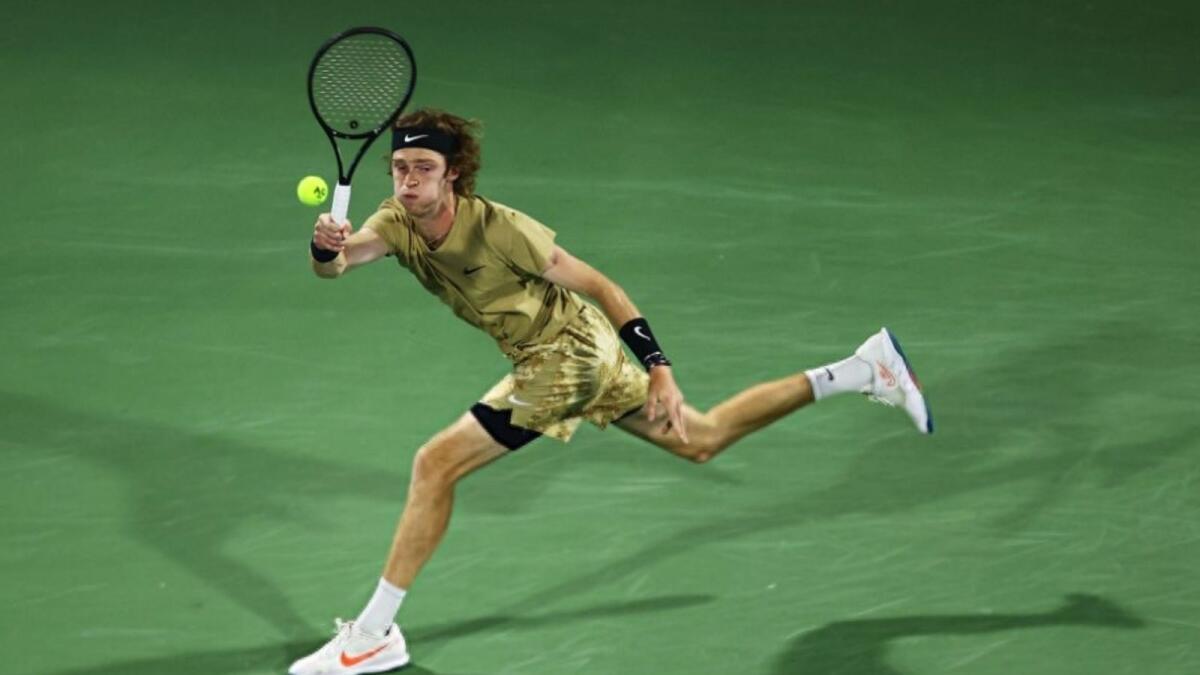Andrey Rublev hits a forehand return during his match in Dubai on Thursday. (Supplied photo)