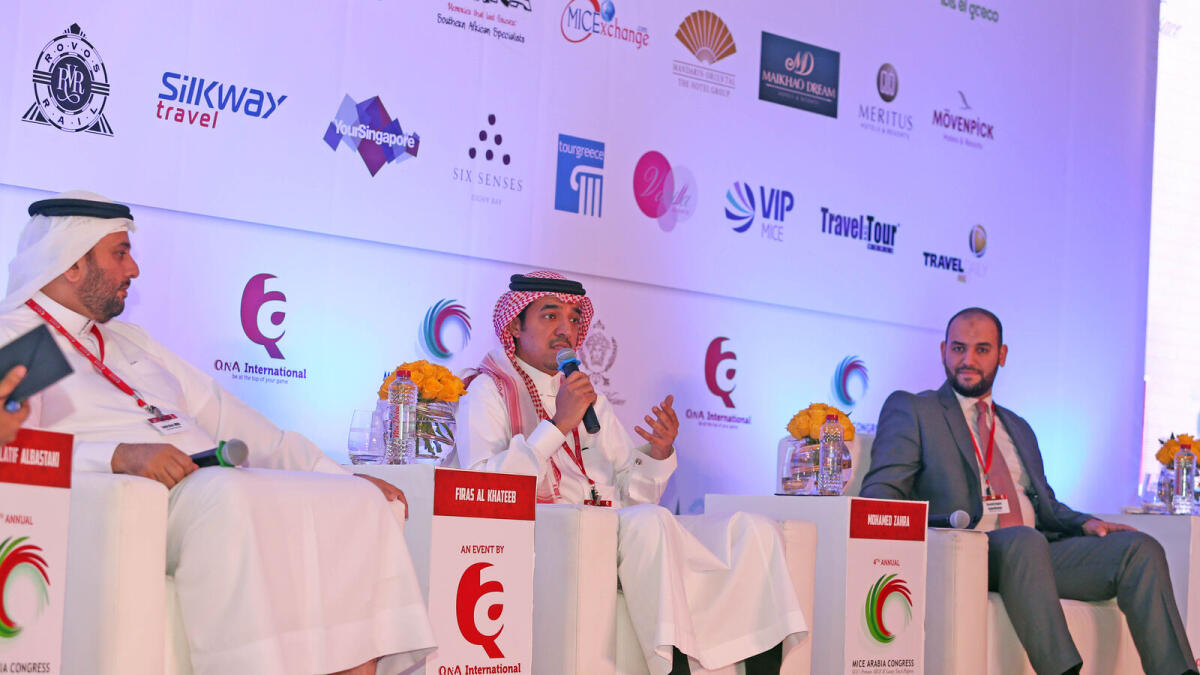 Abdullatif Albastaki, Firas Al Khateeb and Mohamed Zahra at MICE Arabia Congress in Dubai on Tuesday. 