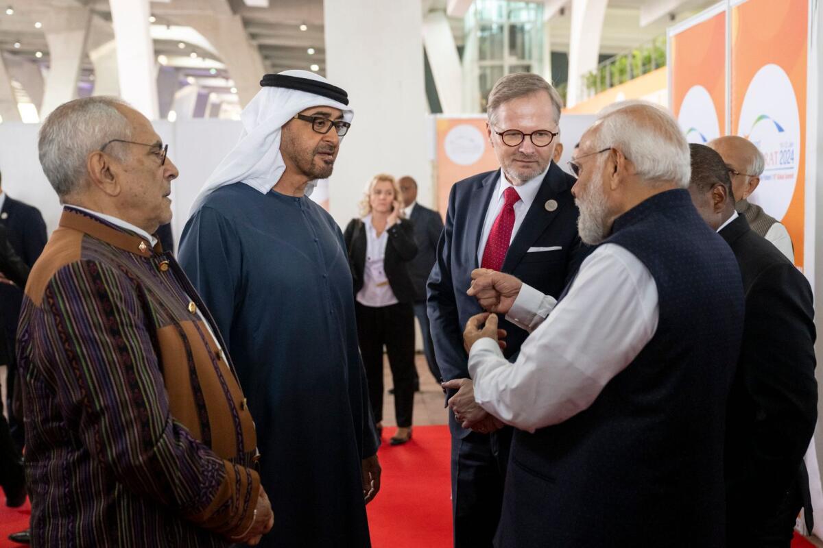 UAE President Sheikh Mohamed bin Zayed Al Nahyan with Narendra Modi, Prime Minister of India, Jose Ramos Horta, President of East Timor (left) and Petr Fiala, Prime Minister of the Czech Republic at during the Vibrant Gujarat Global Summit, at Mahatma Mandir Convention and Exhibition Centre.— WAM