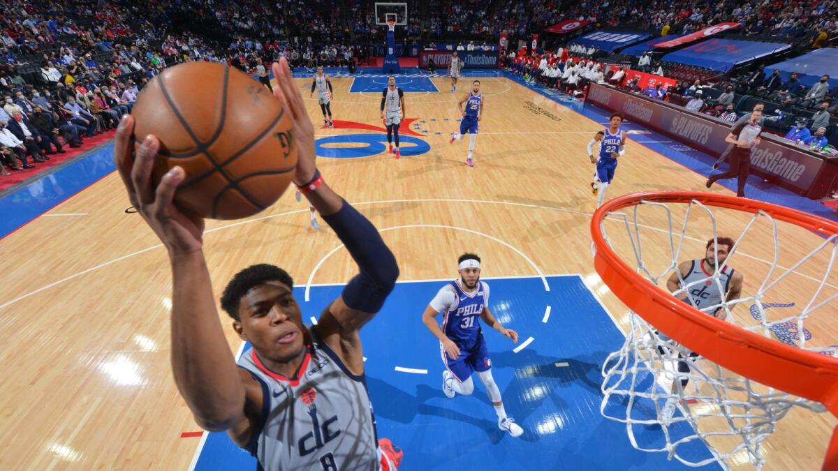 Rui Hachimura (8) of the Washington Wizards shoots the ball against the Philadelphia 76ers in the Eastern Conference Playoffs on June 2 in Philadelphia. (AFP)