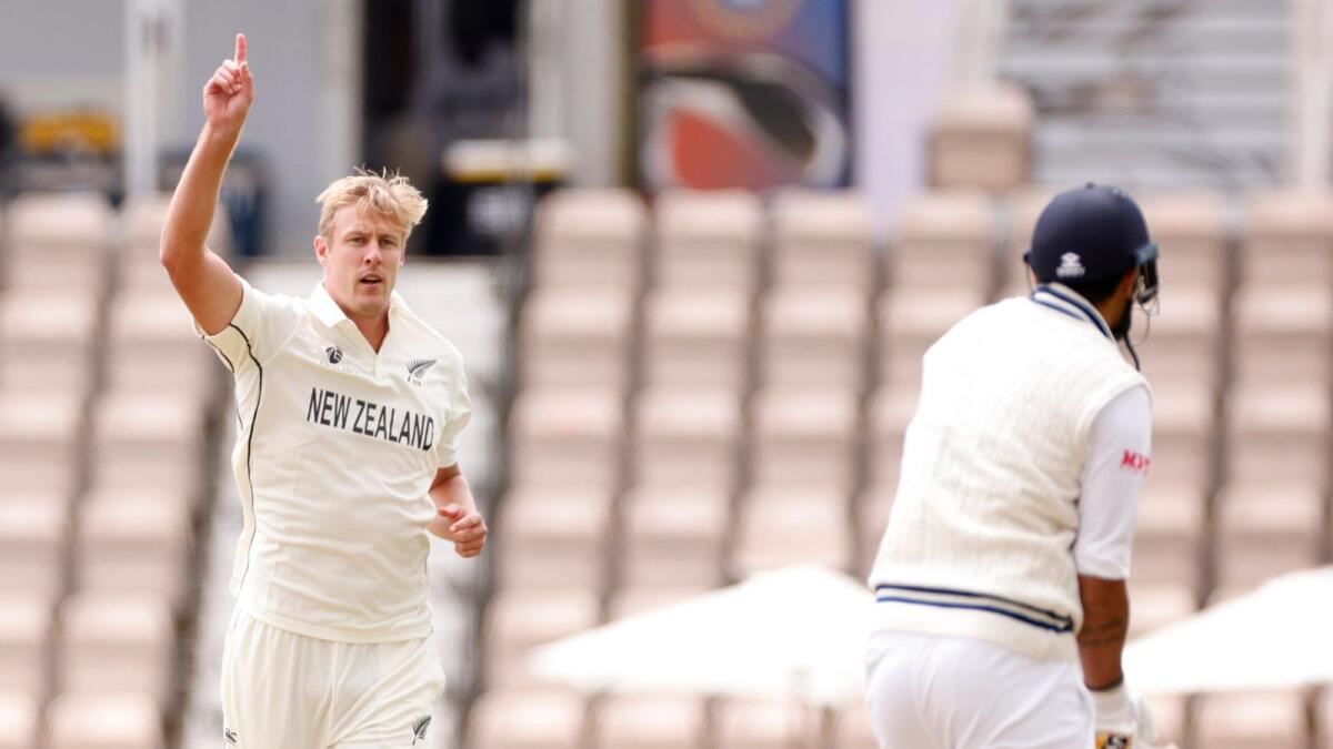 New Zealand's Kyle Jamieson celebrates taking the wicket of India's Ishant Sharma.— Reuters