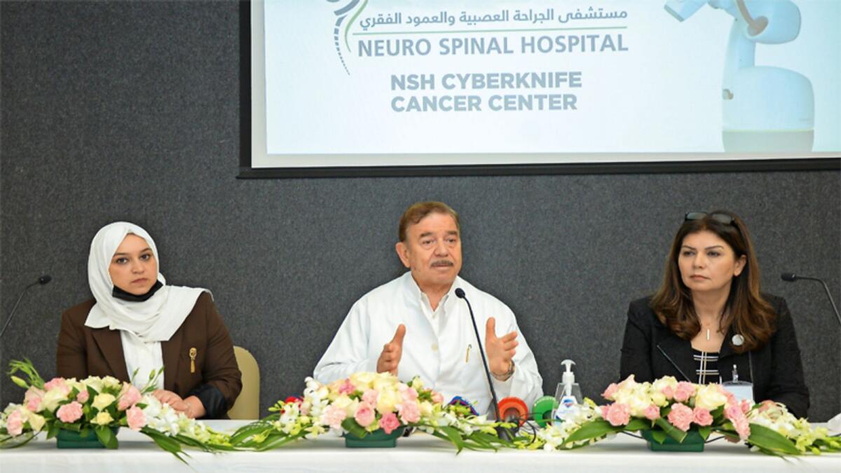 Prof. Abdul Karim Msaddi, chairman and founder, NSH addresses the media. Also seen Dana Msaddi, COO of NSH and Dr Salam Yanek, chairman, NSH Cyberknife and Cancer Center