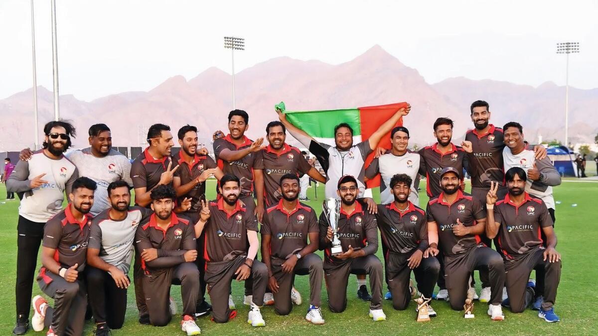 Super finish: The UAE team celebrate after defeating Ireland on Thursday. — ICC website