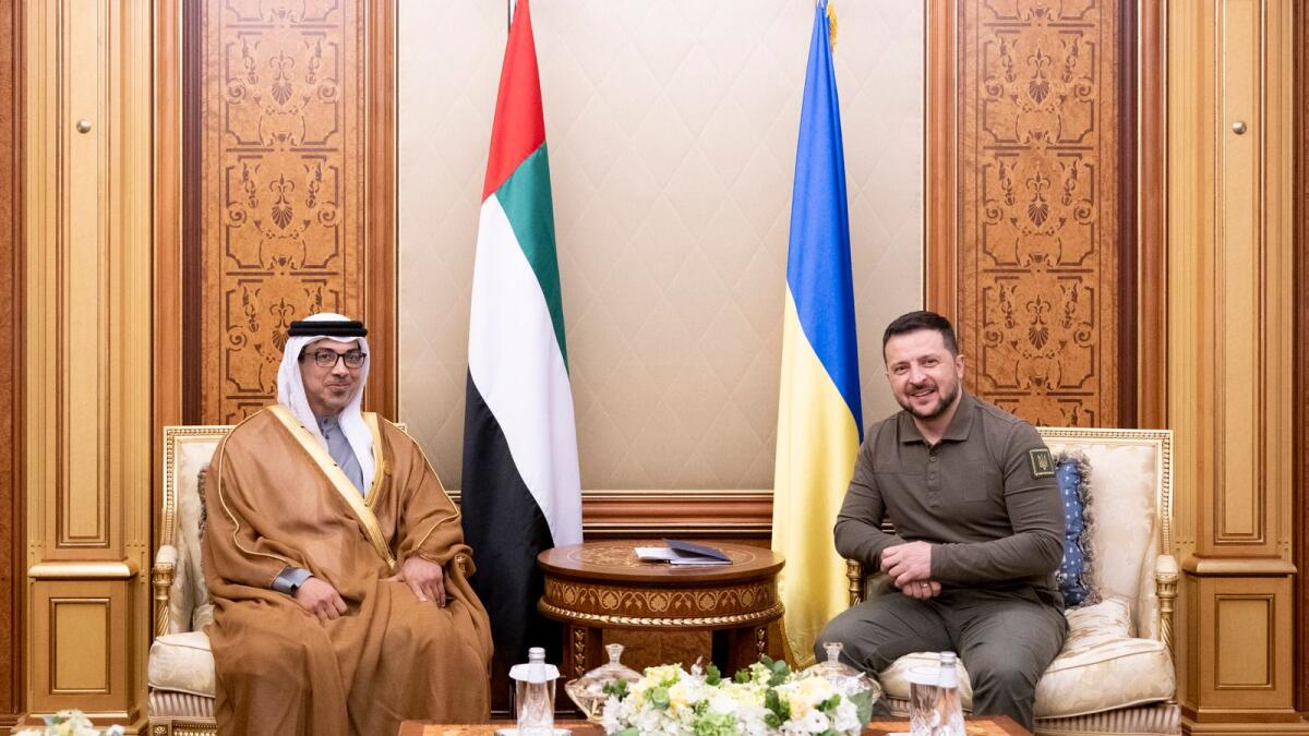 Sheikh Mansour meets Volodymyr Zelensky in Jeddah on Friday. — Wam