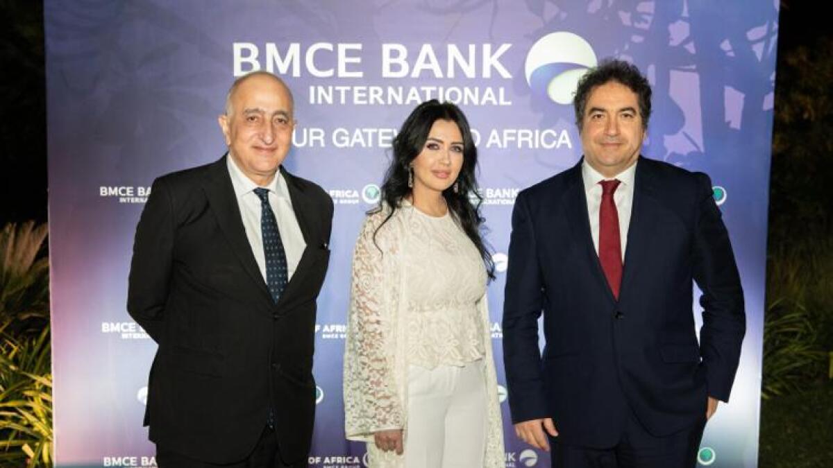 Mohammed Al Goumi, delegate general manager and in charge of international activities at BMCE Bank; Zineb Tamtaoui, general manager of the DIFC Branch, and Houssam Barakat, CEO of BBI Plc UK, at the launch of Dubai office (Supplied photo)