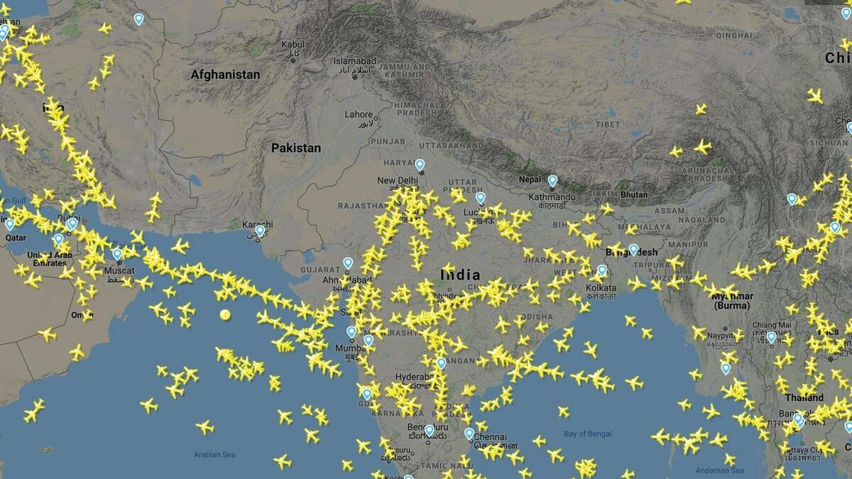 A screenshot from flightradar24.com shows how flights across the world were either rerouted or cancelled as Pakistan shut down its airspace on Wednesday, amid escalating tensions between the country and its neighbour India.  