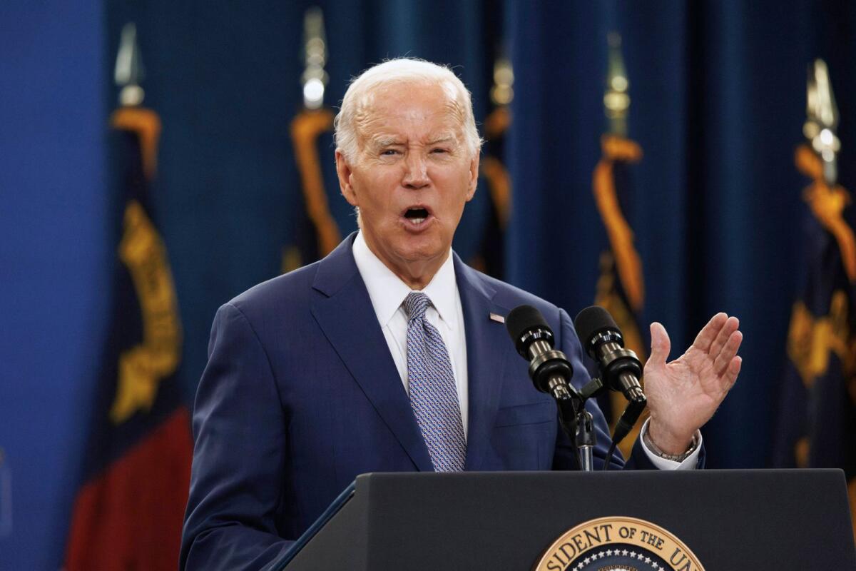 President Joe Biden speaks at an event in Raleigh, N.C., Jan. 18, 2024. Addressing a campaign event in Las Vegas on Sunday, the 81-year-old US leader described Macron's reaction to a speech at a G7 meeting in 2020.— AP