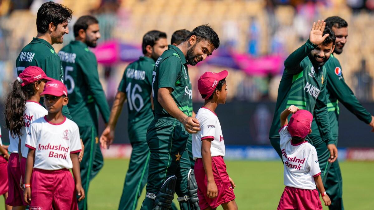 Pakistan team arrives for the national anthem during the Cricket World Cup 2023 match between Pakistan and South Africa in Chennai, Friday, Oct. 27, 2023. PTI