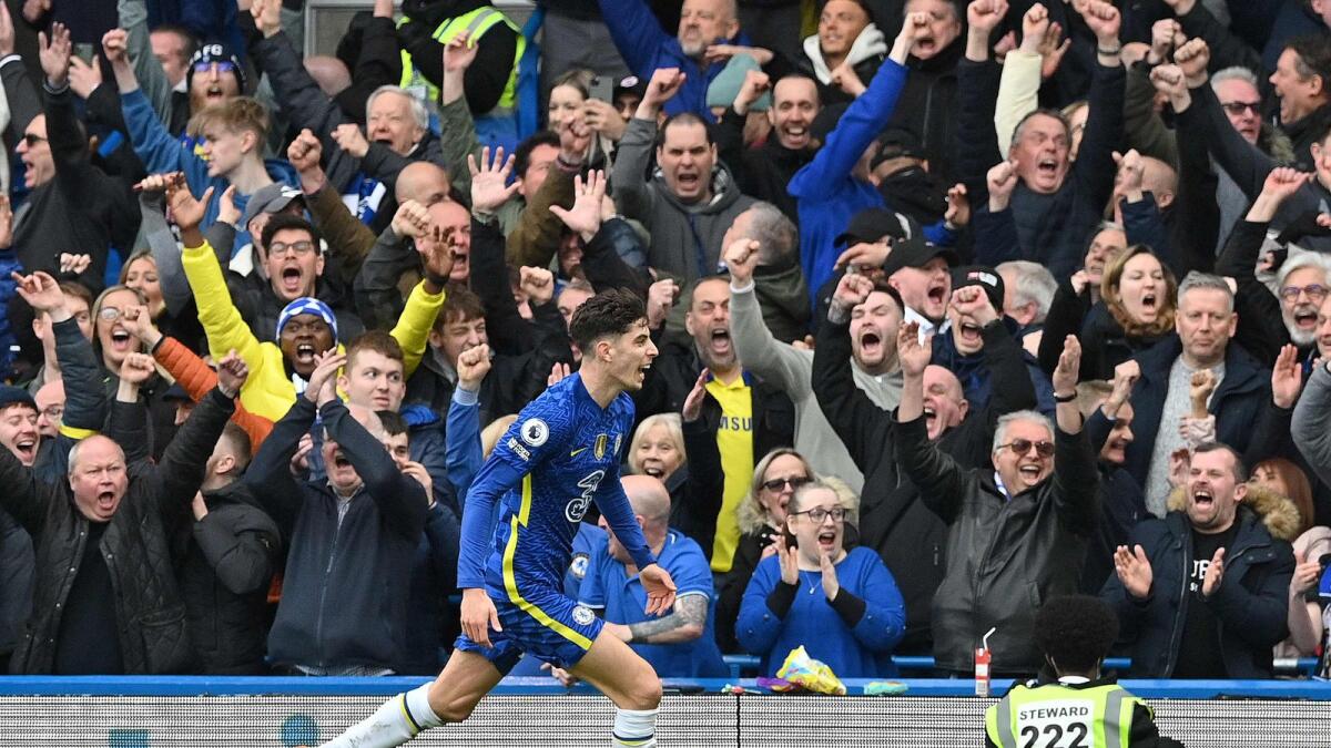 Chelsea's Kai Havertz celebrates after scoring against Newcastle United at Stamford Bridge in London on Sunday. — AFP