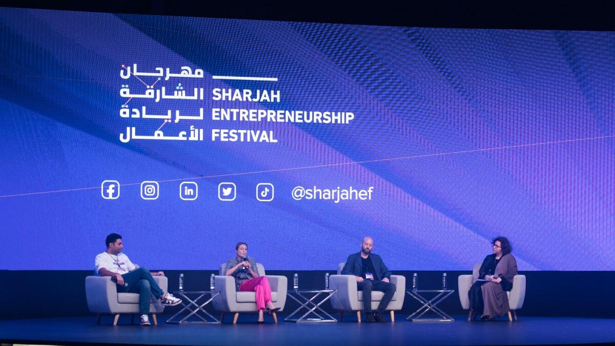 Nisreen Shocair, CEO of Yoox Net-a-Porter Middle East; Amir Farha, founder of Cotu; and Mohamad ‘Mo’ Ballout, founder of Kitopi, took to the stage to tell moderator Farida Al Agamy, cofounder of Kyma, at the Sharjah Entrepreneurship Festival on Tuesday. — Supplied photo