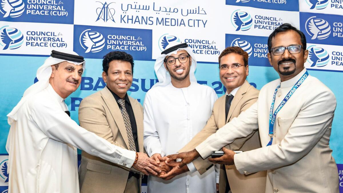 Join hands together for Peace &amp; Humanity: Yaqoob al Ali, Dr. Mohammed Khan, Sheikh Obaid Suhail al Maktoum, Dr. Denny Thomas and Dr. Anil Mathew