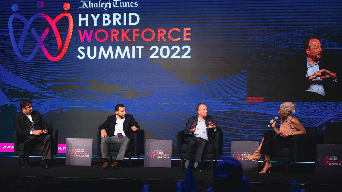 From left Karthik Ananda Rao, Chief Technical Evangelist, ManageEngine, Tamer Kadry, CFO and VP for Global Emerging markets, Mars Wrigley, Olivier Crespin, Chief Executive Officer, Zand and Charlotte Chedeville, Regional Head of Operations  MENA, CIPD participate in a panel discussion on Hybrid leadership – A culture and purpose approach, during Khaleej Times Hybrid Workforce Summit on March 30. (Photo: Neeraj Murali)