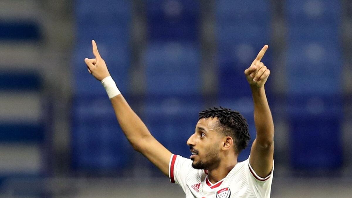 UAE's Harib Abdalla celebrates after scoring against South Korea in the World Cup Qualifier in Dubai on Tuesday night. — Reuters