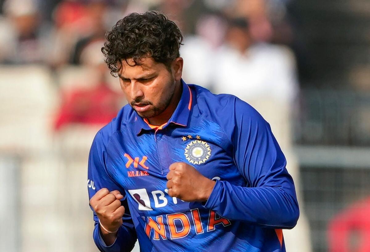 Indian bowler Kuldeep Yadav celebrates the wicket of Sri Lankan batter Kusal Mendis. — PTI