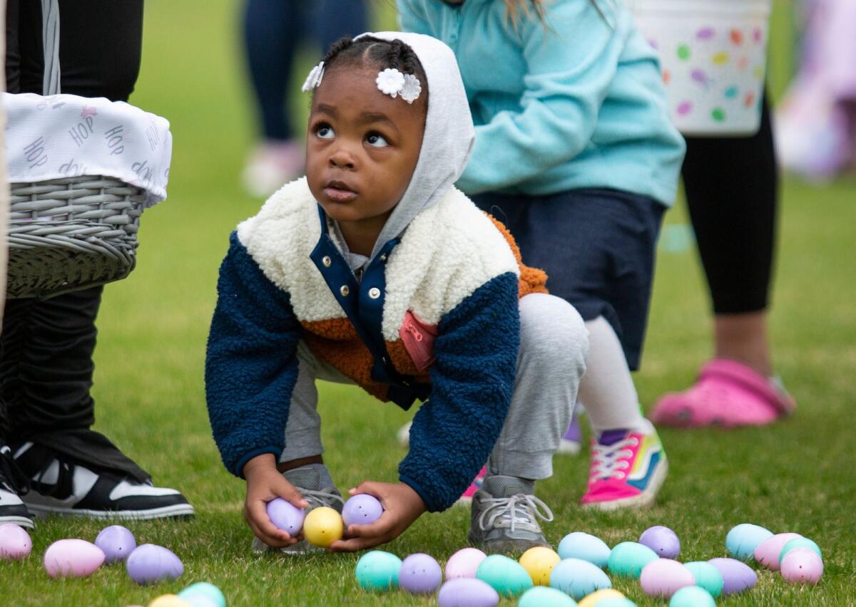 A youngster collects Easter eggs during an egg hunt at Easterfest at the Bowling Green Ballpark in Bowling Green, Kentucky, on April 8, 2023.— AP file